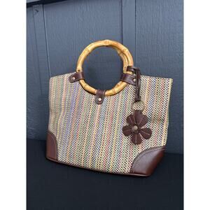 Vintage Y2K Relic by Fossil Woven Handbag with Bamboo Handles Multicolored Brown